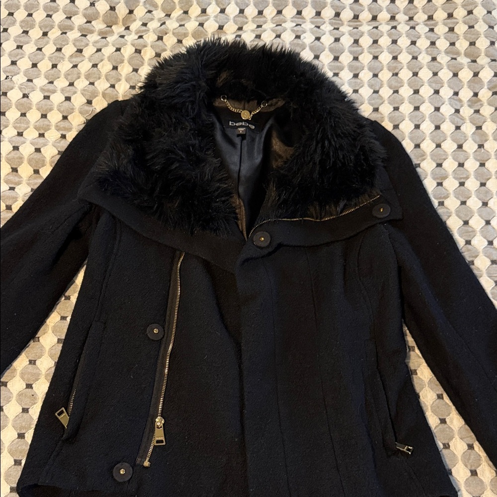 bebe Black Wool-Blend Pea Coat with Faux Fur Collar